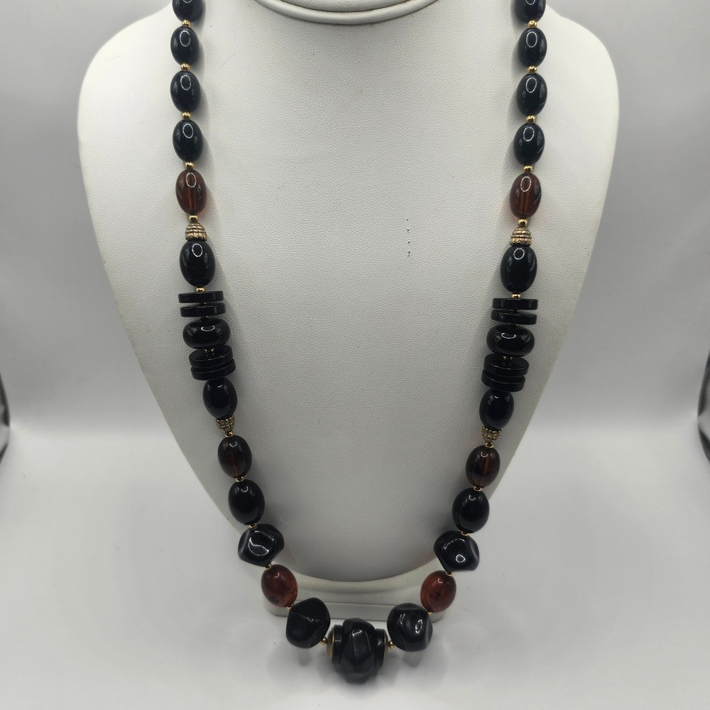 Trifari Vintage Black and Amber Resin Bead‎ Necklace Gold Tone Hardware